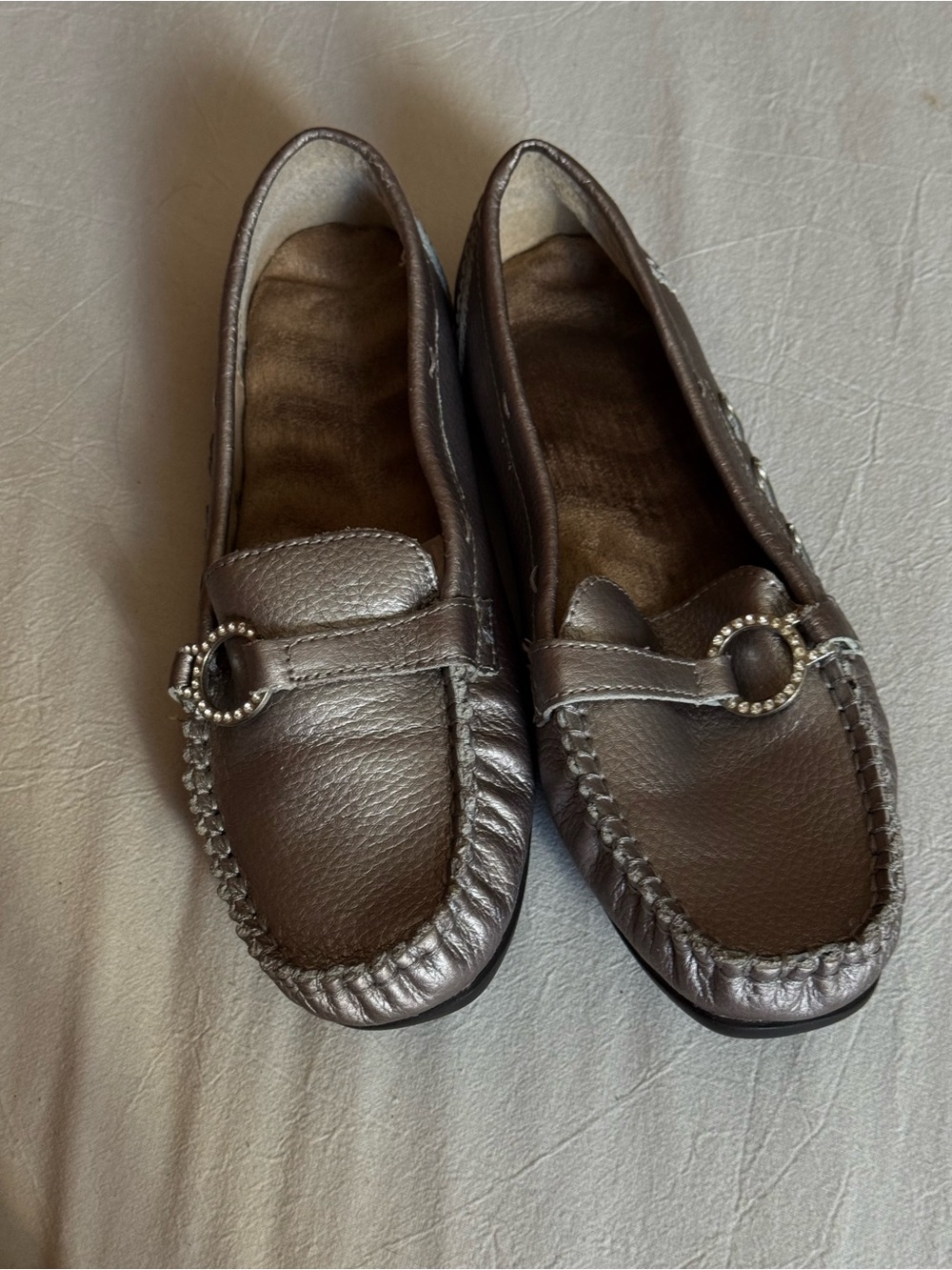 Avon Metallic Brown Leather Loafers with Beaded Ring Detail